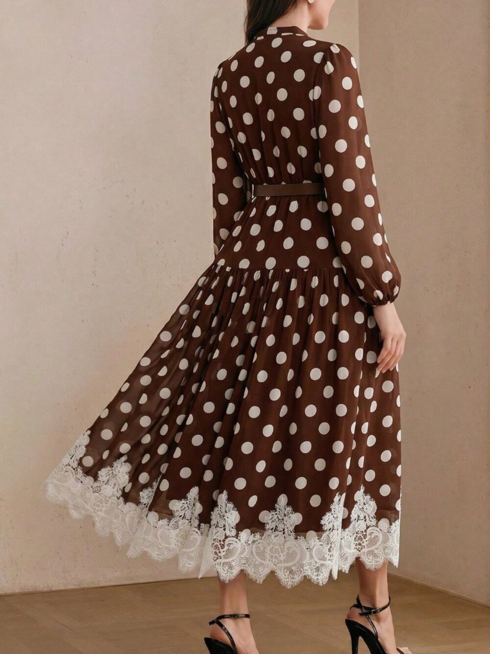 Coffee Elegant Women's Polka Dot Chiffon Lace Tie Waist Long Sleeve Dress - Picture 2 of 7